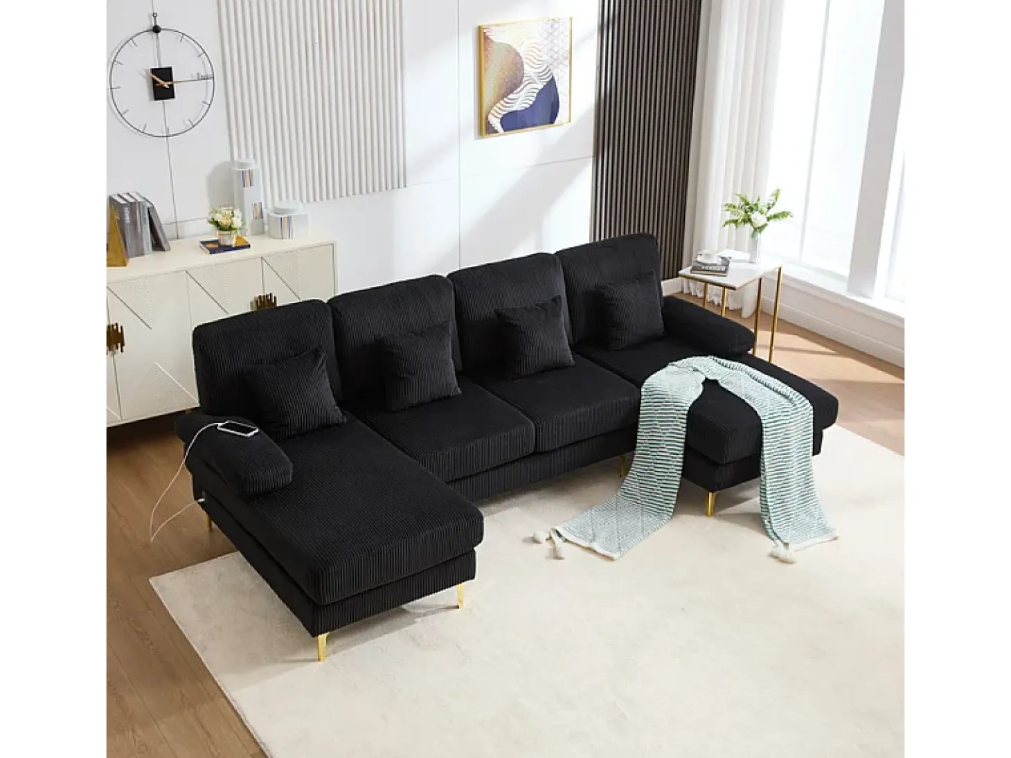 Sofá de canto panorâmico em veludo - 4 lugares - com LED RGB e porta USB+Type-C - 265x135x88cm - Preto