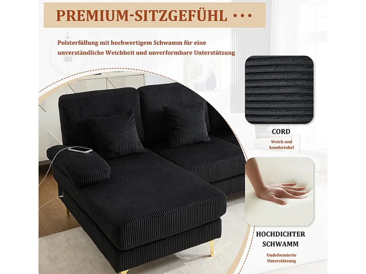 Sofá de canto panorâmico em veludo - 4 lugares - com LED RGB e porta USB+Type-C - 265x135x88cm - Preto