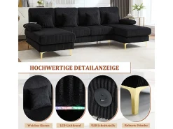 Sofá de canto panorâmico em veludo - 4 lugares - com LED RGB e porta USB+Type-C - 265x135x88cm - Preto