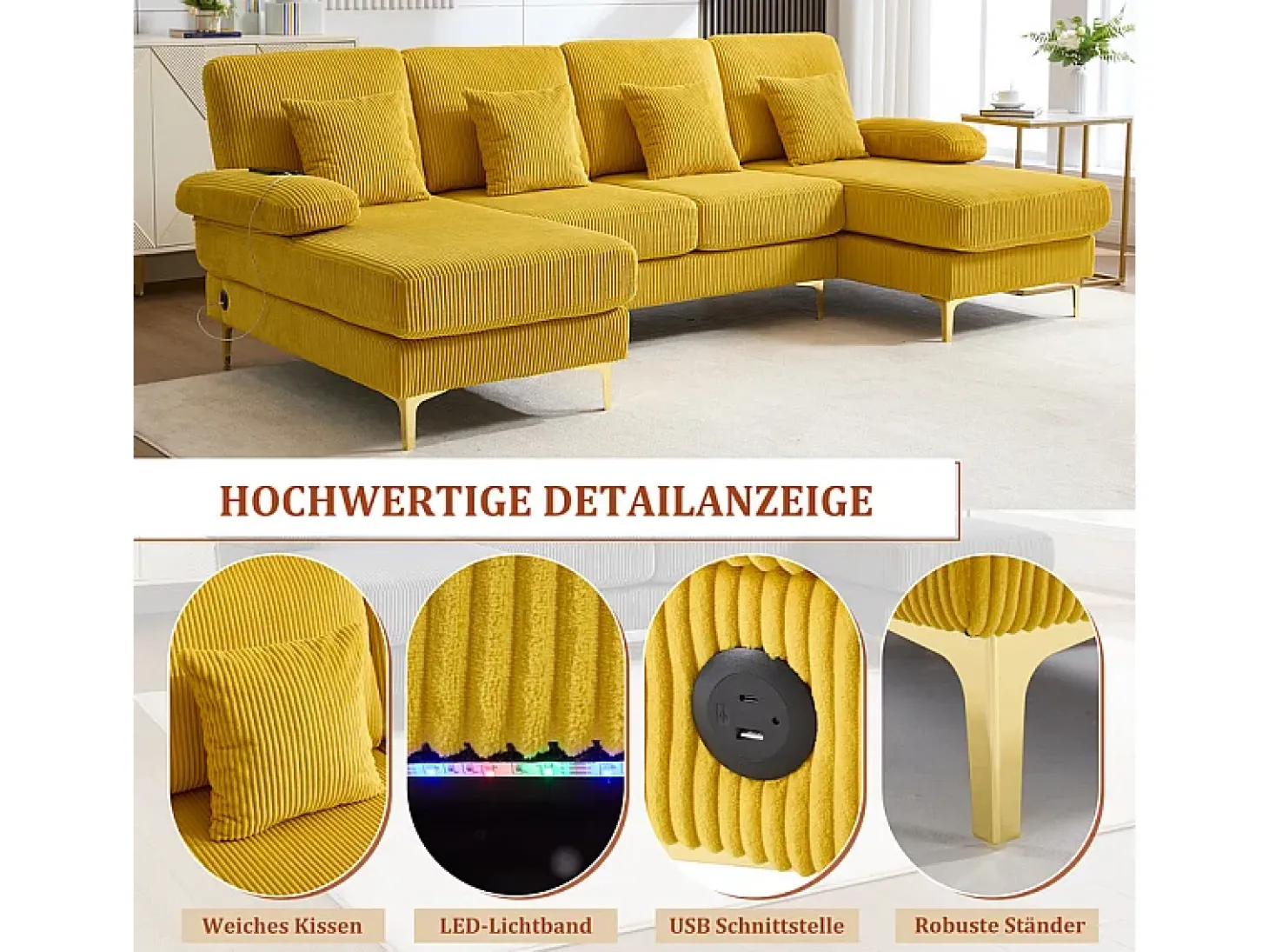 Sofá de canto panorâmico em veludo - 4 lugares - com LED RGB e porta USB+Type-C - 265x135x88cm - Amarelo