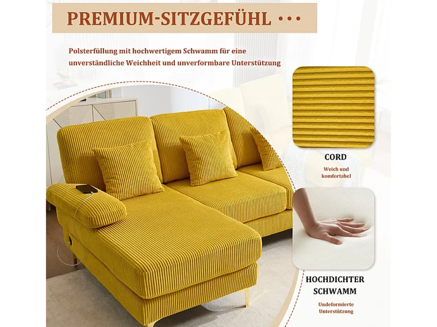 Sofá de canto panorâmico em veludo - 4 lugares - com LED RGB e porta USB+Type-C - 265x135x88cm - Amarelo