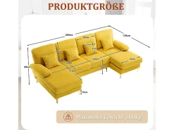 Sofá de canto panorâmico em veludo - 4 lugares - com LED RGB e porta USB+Type-C - 265x135x88cm - Amarelo