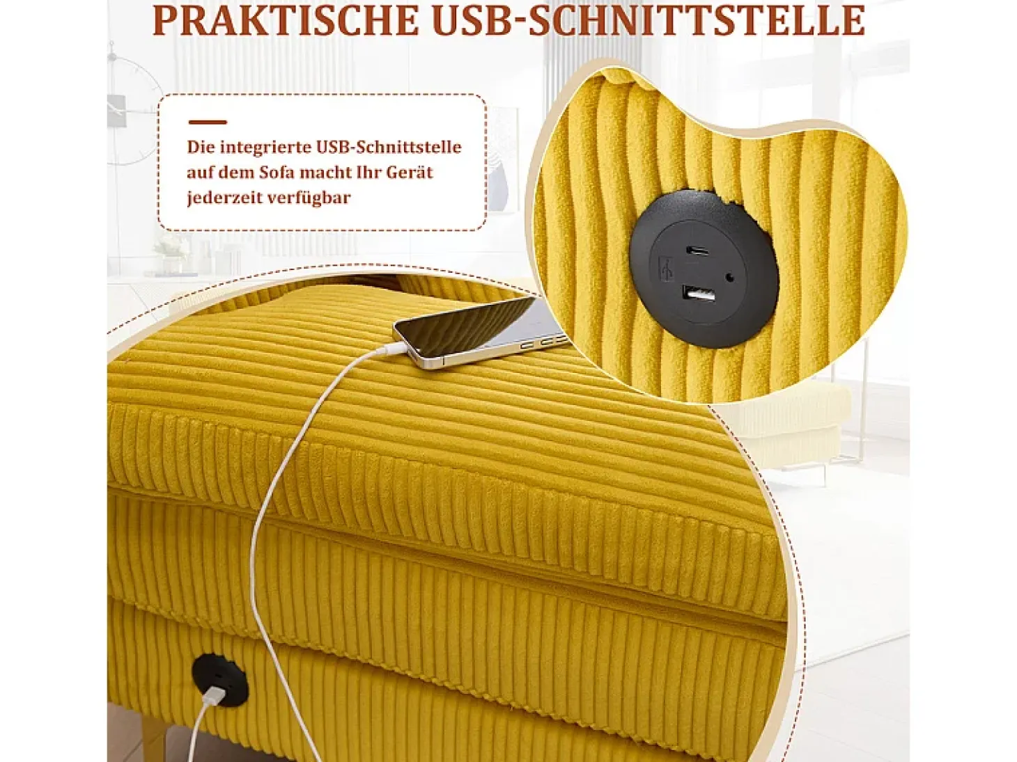 Sofá de canto panorâmico em veludo - 4 lugares - com LED RGB e porta USB+Type-C - 265x135x88cm - Amarelo