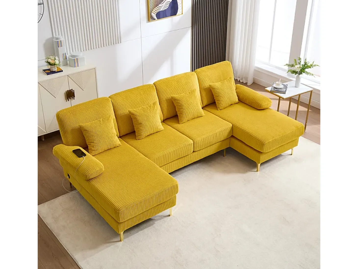 Sofá de canto panorâmico em veludo - 4 lugares - com LED RGB e porta USB+Type-C - 265x135x88cm - Amarelo