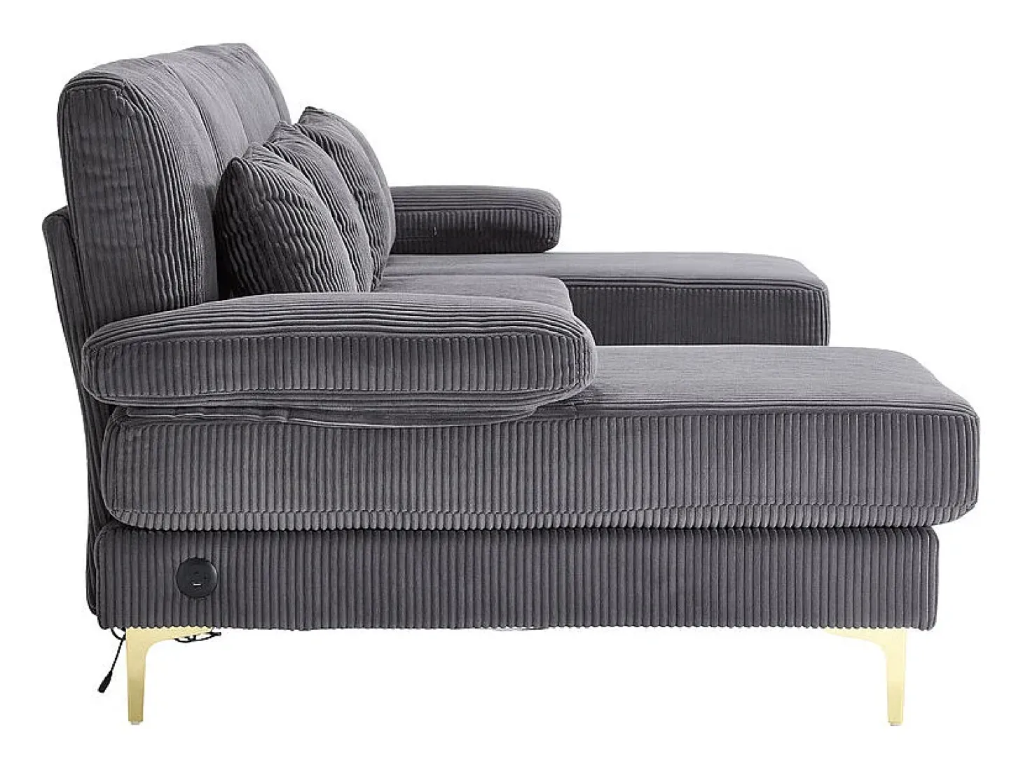 Sofá de canto panorâmico em veludo - 4 lugares - com LED RGB e porta USB+Type-C - 265x135x88cm - Cinza