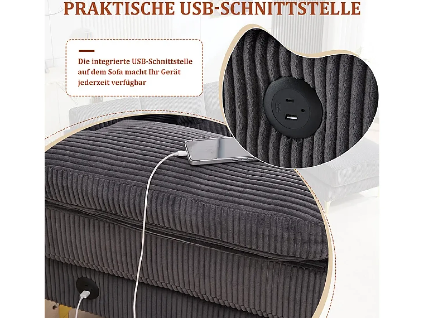 Sofá de canto panorâmico em veludo - 4 lugares - com LED RGB e porta USB+Type-C - 265x135x88cm - Cinza