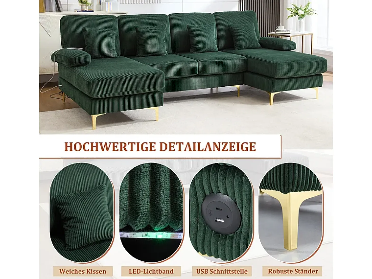 Sofá de canto panorâmico em veludo - 4 lugares - com LED RGB e porta USB+Type-C - 265x135x88cm - Verde