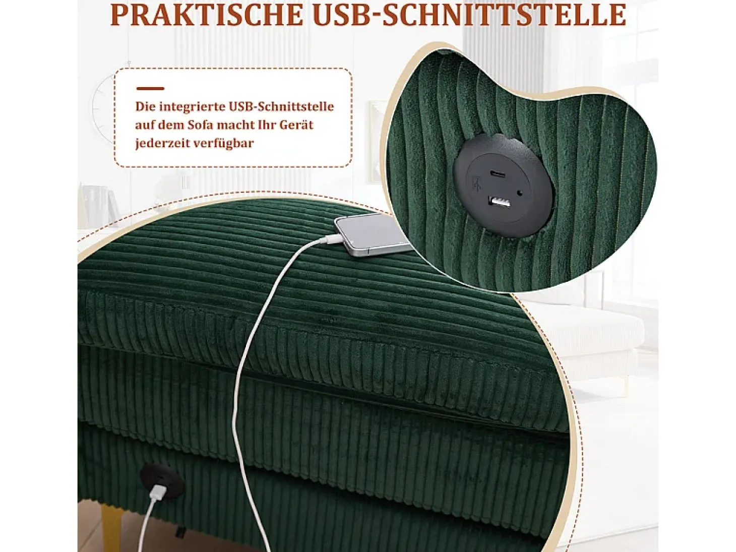 Sofá de canto panorâmico em veludo - 4 lugares - com LED RGB e porta USB+Type-C - 265x135x88cm - Verde