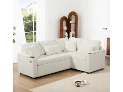 Sofá de canto retrátil em L - com espaço de armazenamento - com porta-copos - porta de carregamento USB - com almofadas - bege