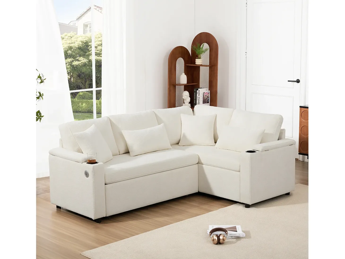Sofá de canto retrátil em L - com espaço de armazenamento - com porta-copos - porta de carregamento USB - com almofadas - bege
