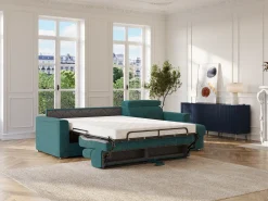 Sofá de canto reversível conversível abertura rápida em tecido azul - Cama 140 cm - Colchão 18 cm VIZIR