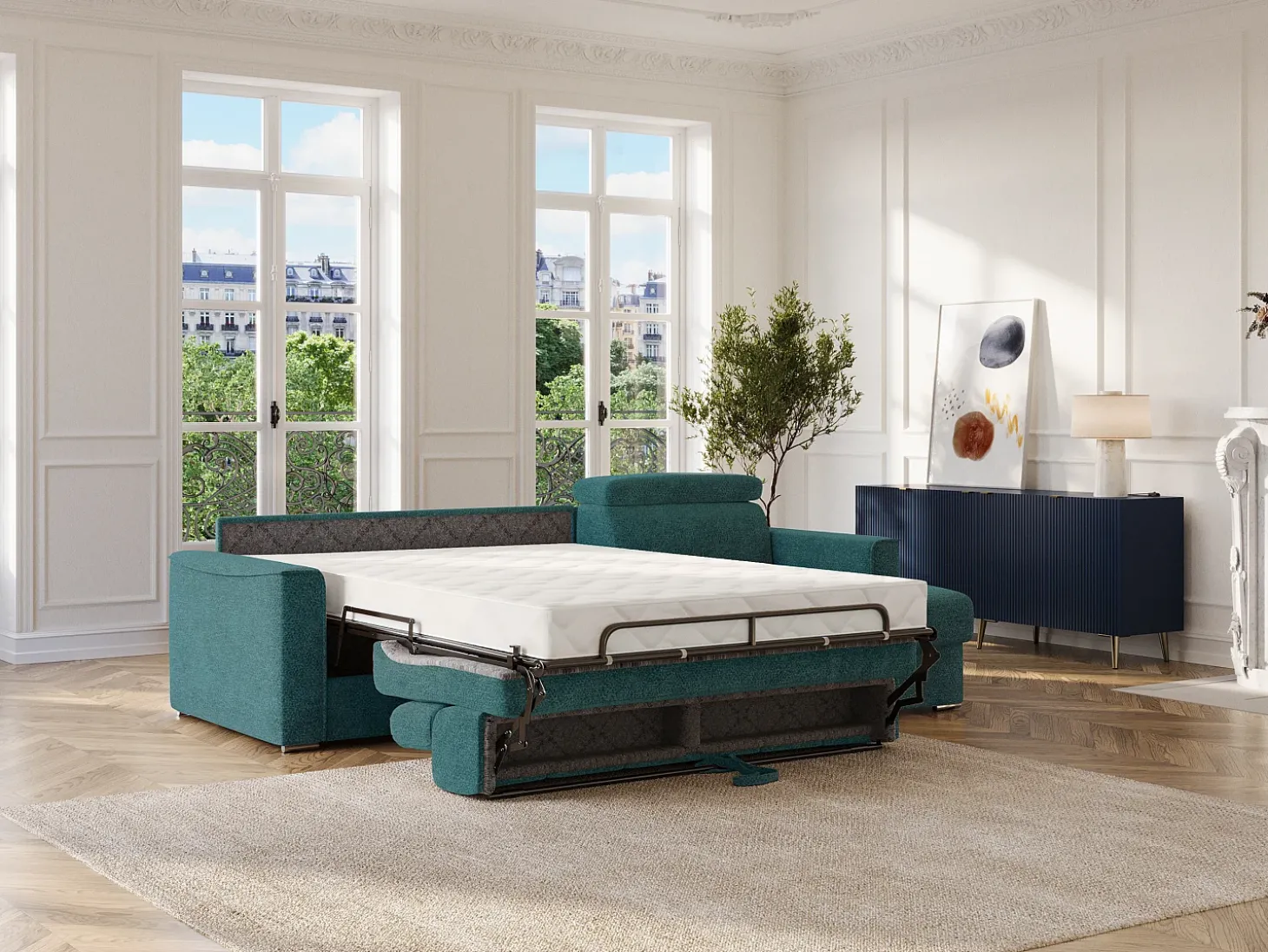 Sofá de canto reversível conversível abertura rápida em tecido azul - Cama 140 cm VIZIR