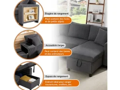 Sofá de canto reversível conversível 3 lugares - em veludo cotelê - com armazenamento, prateleira e 2 puffs - Porta USB+Type-C - Cinza