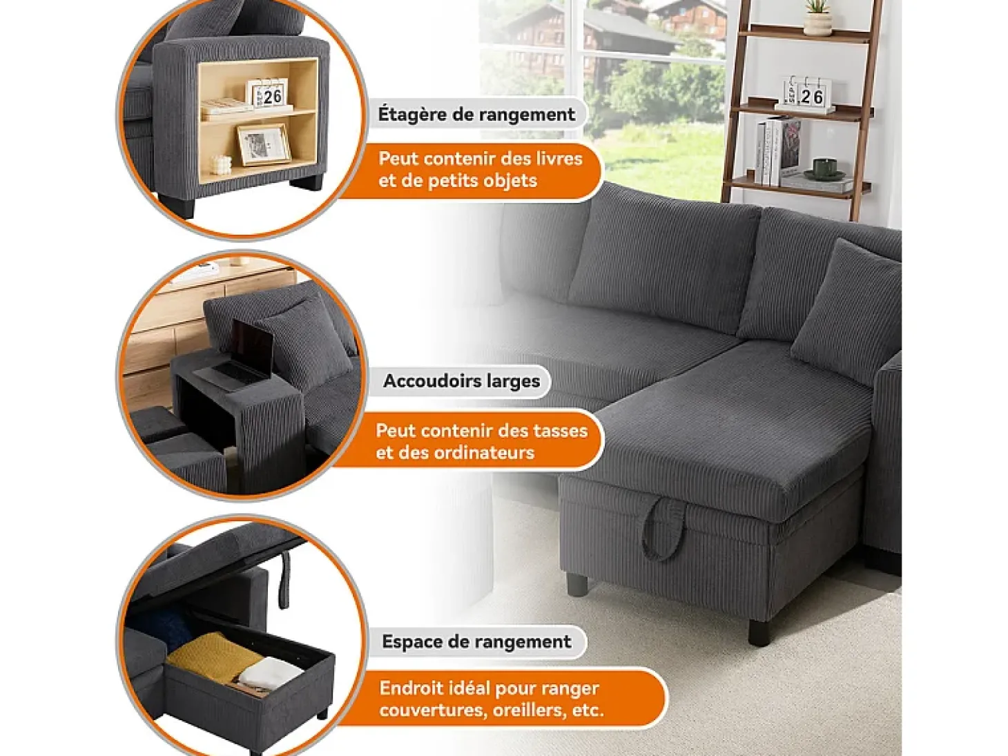 Sofá de canto reversível conversível 3 lugares - em veludo cotelê - com armazenamento, prateleira e 2 puffs - Porta USB+Type-C - Cinza