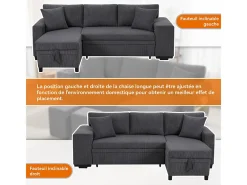 Sofá de canto reversível conversível 3 lugares - em veludo cotelê - com armazenamento, prateleira e 2 puffs - Porta USB+Type-C - Cinza