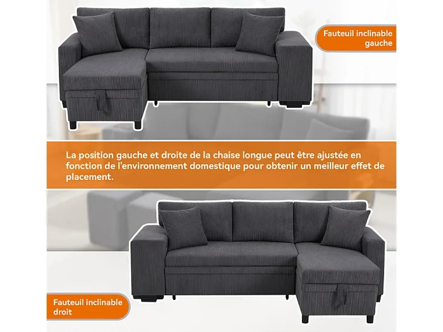 Sofá de canto reversível conversível 3 lugares - em veludo cotelê - com armazenamento, prateleira e 2 puffs - Porta USB+Type-C - Cinza