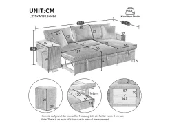 Sofá de canto reversível conversível 3 lugares - em veludo cotelê - com armazenamento, prateleira e 2 puffs - Porta USB+Type-C - Cinza