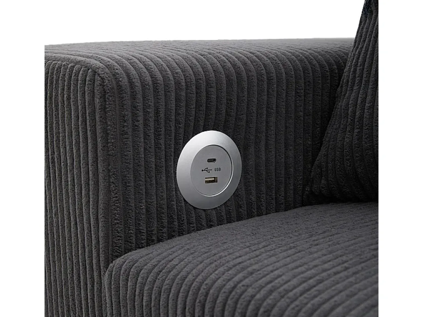 Sofá de canto reversível conversível 3 lugares - em veludo cotelê - com armazenamento, prateleira e 2 puffs - Porta USB+Type-C - Cinza