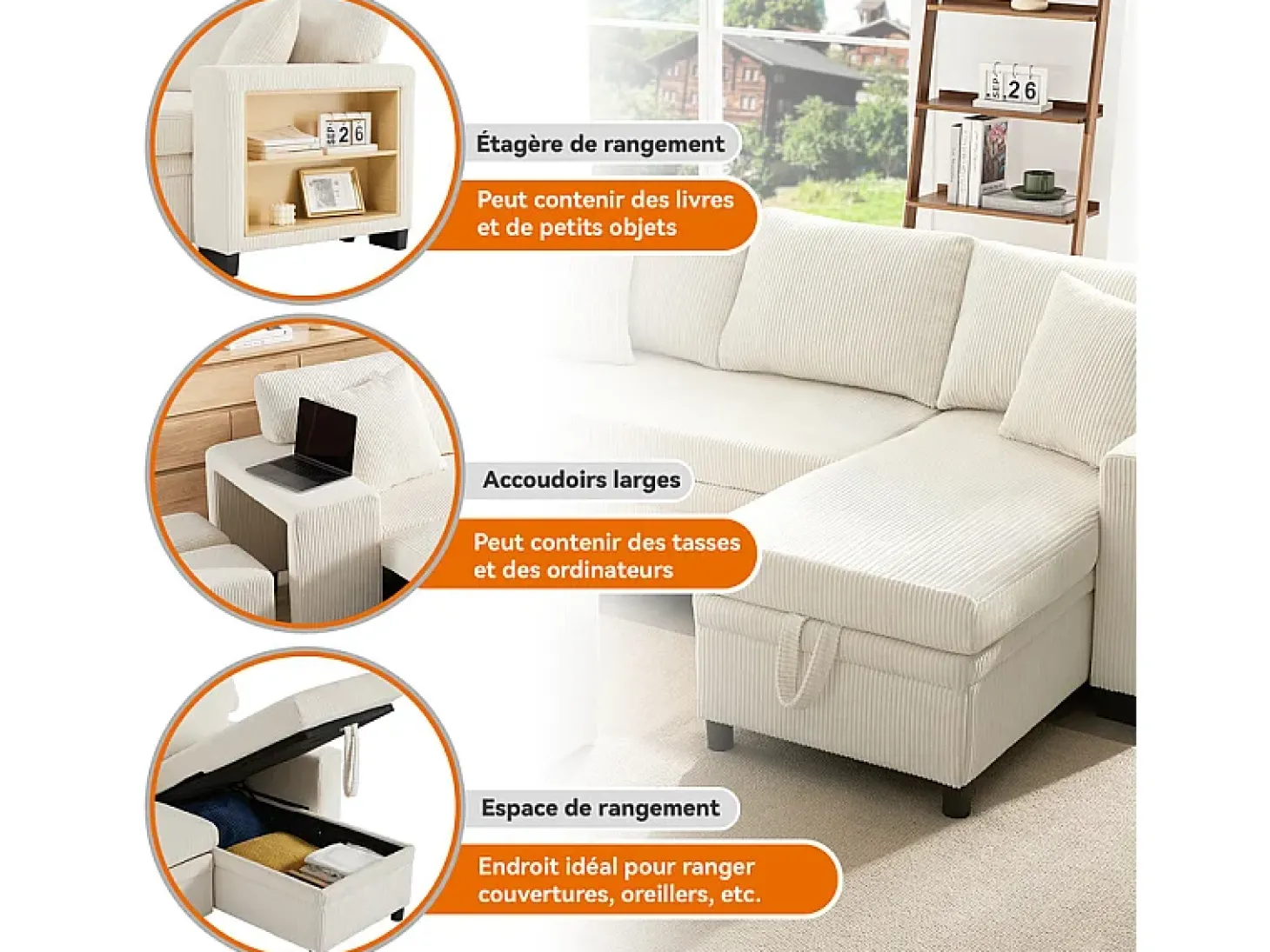 Sofá de canto reversível conversível 3 lugares - em veludo cotelê - com armazenamento, prateleira e 2 puffs - Porta USB+Type-C - Bege
