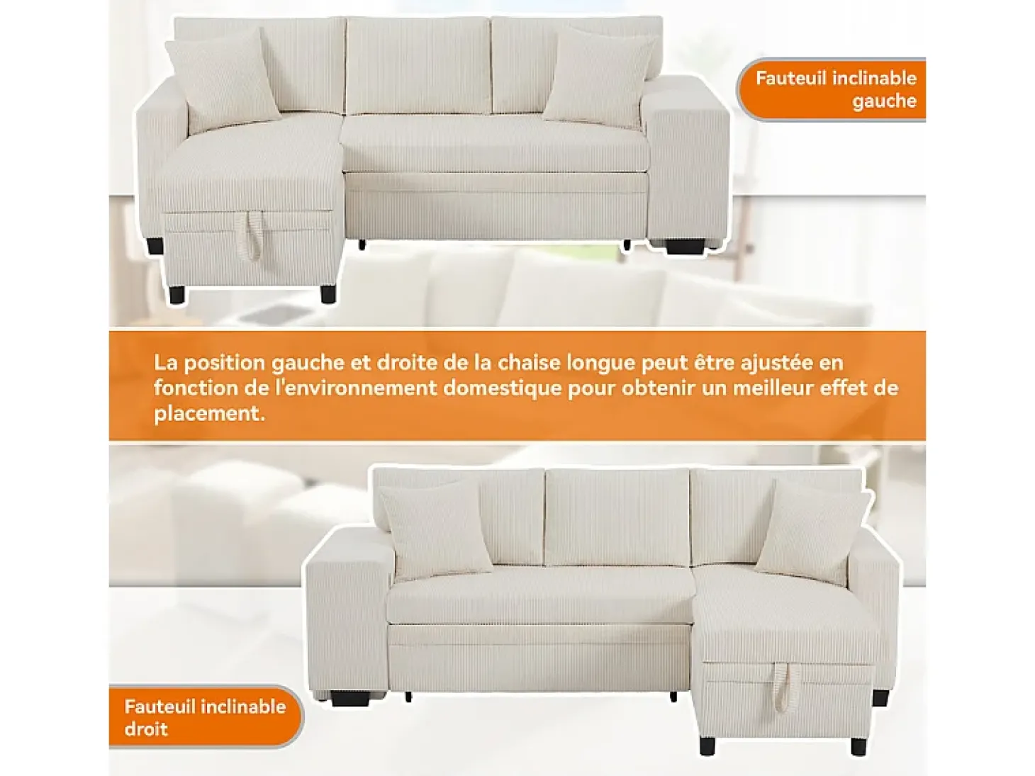 Sofá de canto reversível conversível 3 lugares - em veludo cotelê - com armazenamento, prateleira e 2 puffs - Porta USB+Type-C - Bege
