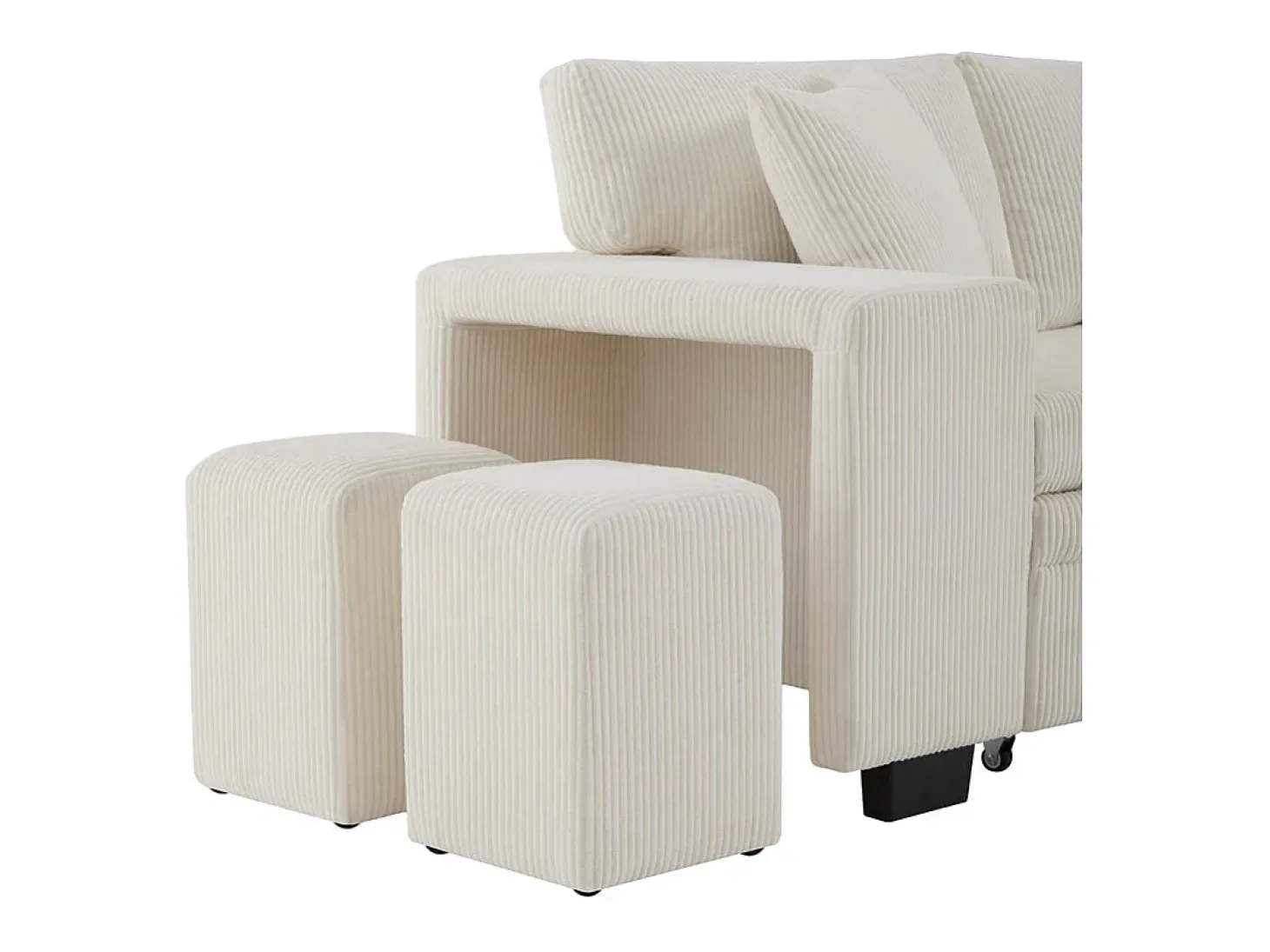 Sofá de canto reversível conversível 3 lugares - em veludo cotelê - com armazenamento, prateleira e 2 puffs - Porta USB+Type-C - Bege