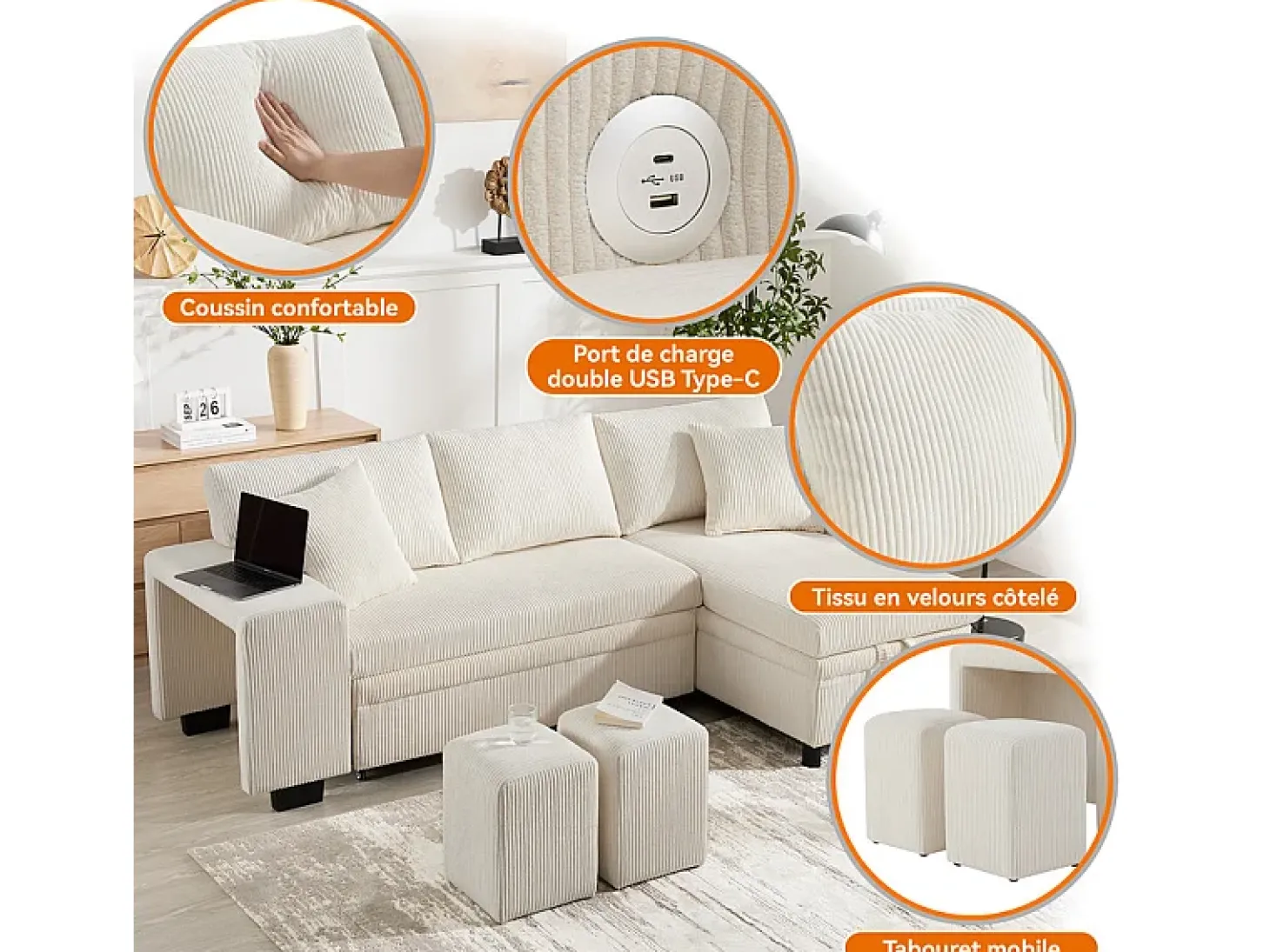 Sofá de canto reversível conversível 3 lugares - em veludo cotelê - com armazenamento, prateleira e 2 puffs - Porta USB+Type-C - Bege