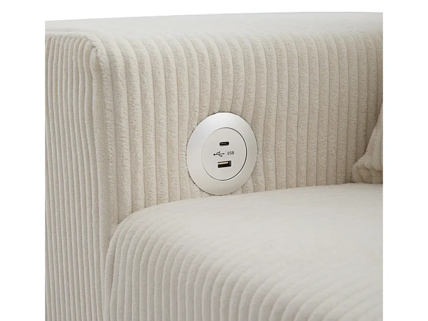 Sofá de canto reversível conversível 3 lugares - em veludo cotelê - com armazenamento, prateleira e 2 puffs - Porta USB+Type-C - Bege