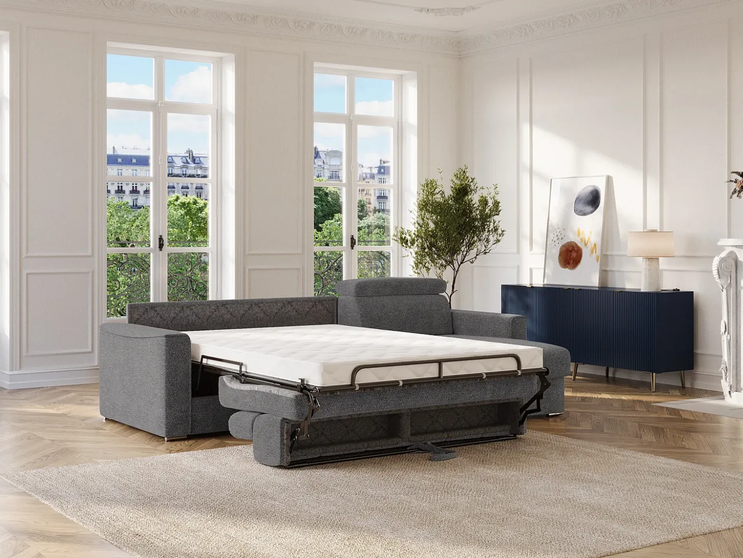 Sofá de canto reversível conversível abertura rápida em tecido cinza - Cama 140 cm VIZIR