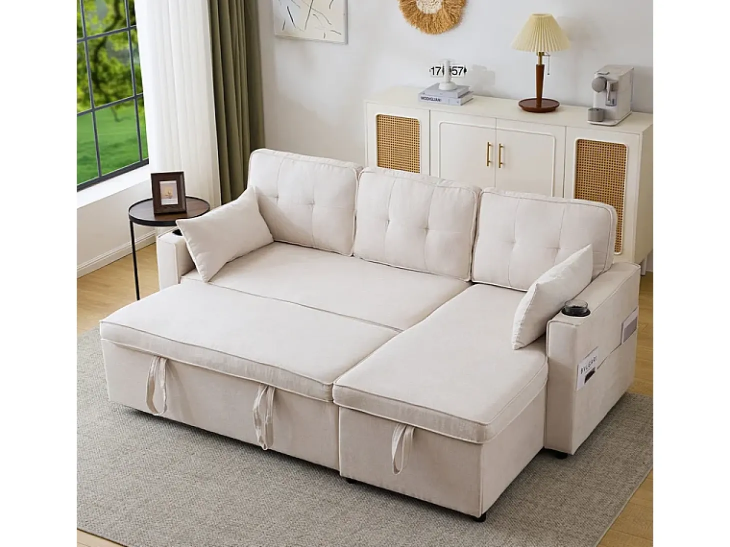 Sofá de canto reversível conversível em algodão e linho, Meridiano com armazenamento, Porta-copos, 211x129.5x86cm, Bege