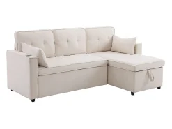 Sofá de canto reversível conversível em algodão e linho, Meridiano com armazenamento, Porta-copos, 211x129.5x86cm, Bege