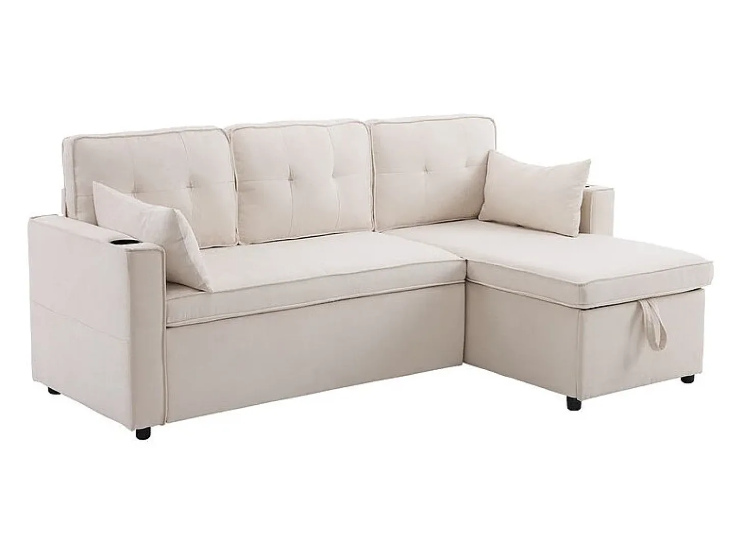 Sofá de canto reversível conversível em algodão e linho, Meridiano com armazenamento, Porta-copos, 211x129.5x86cm, Bege