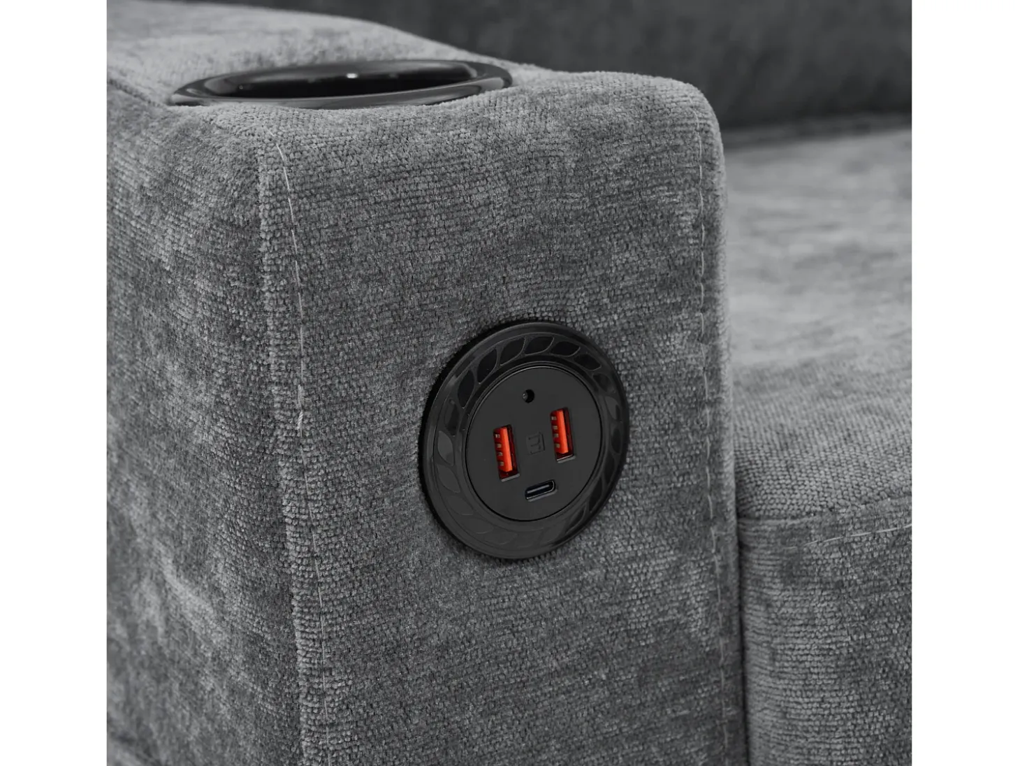 Sofá de canto reversível de 3 lugares em linho cinza, com portas USB e Tipo C - 202x137x80cm