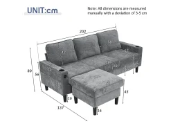 Sofá de canto reversível de 3 lugares em linho cinza, com portas USB e Tipo C - 202x137x80cm
