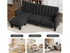 Sofá de canto reversível de 3/4 do lugar em tecido preto - meridiano ou pouf - listras verticais - 208x76x85cm
