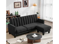 Sofá de canto reversível de 3/4 do lugar em tecido preto - meridiano ou pouf - listras verticais - 208x76x85cm
