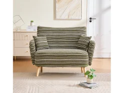 Sofá de dois lugares em tecido bouclé verde azeitona - Com bolsos laterais e duas almofadas.