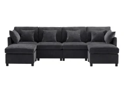 Sofá de quatro lugares em tecido chenille cinzento com 2 pufes e 6 almofadas.
