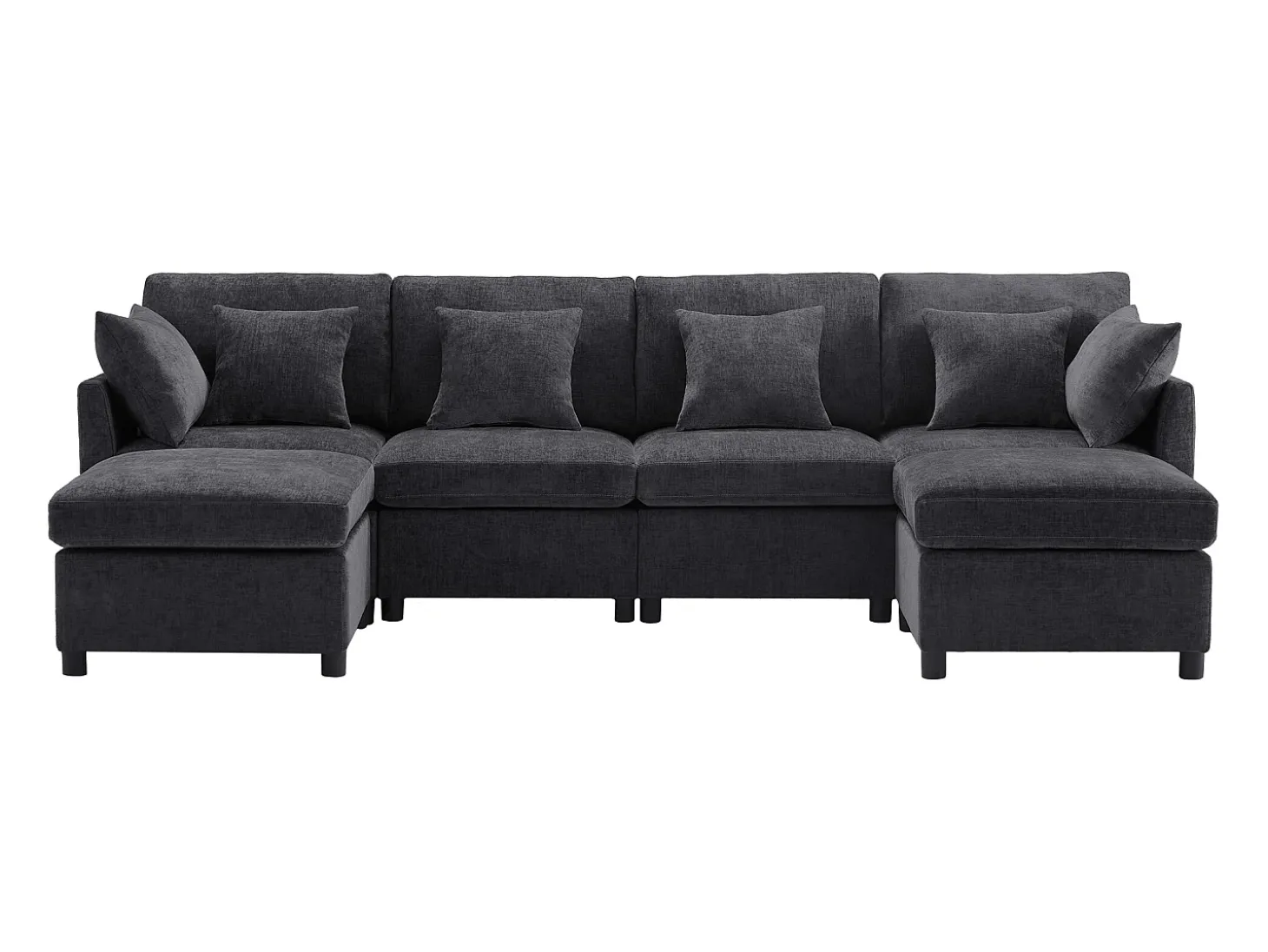 Sofá de quatro lugares em tecido chenille cinzento com 2 pufes e 6 almofadas.