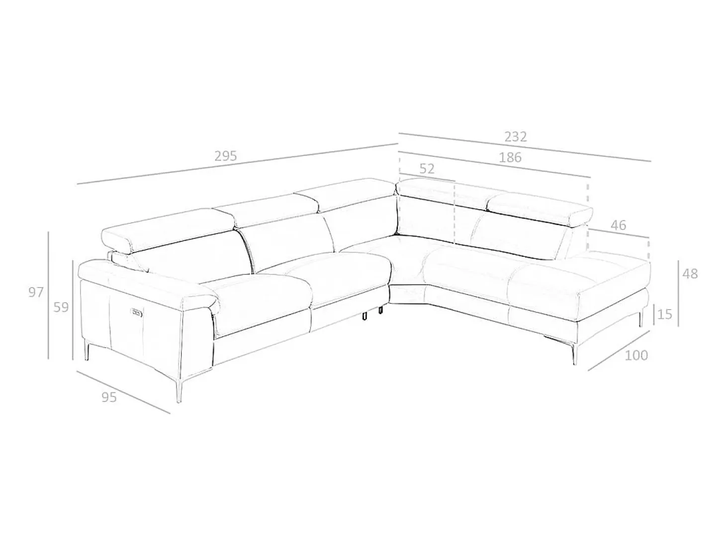 Sofá de relaxamento com chaise longue direita em pele cinzenta escura 6111 ANGEL CERDA