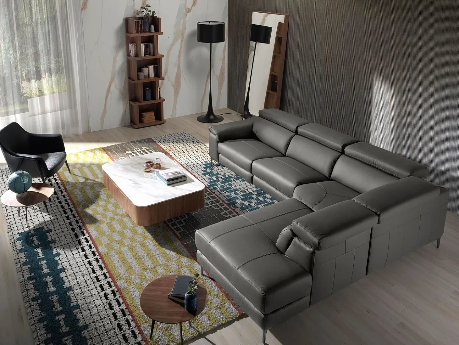Sofá de relaxamento com chaise longue direita em pele cinzenta escura 6111 ANGEL CERDA