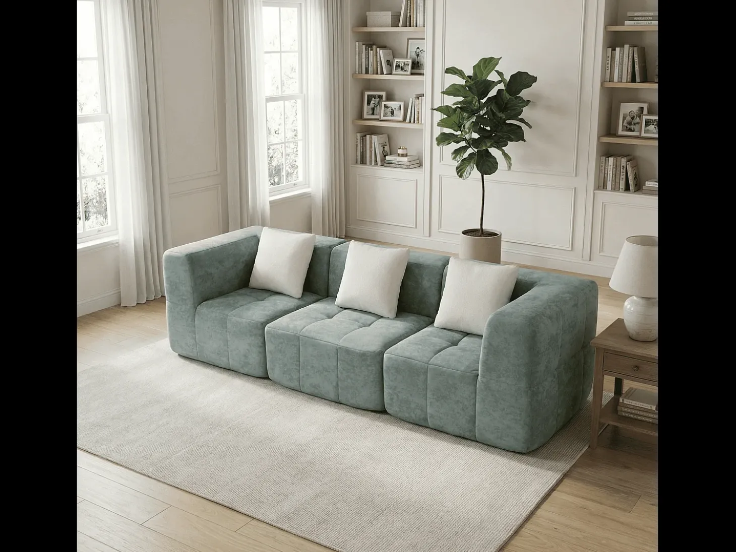 Sofá de sala Eden Simple 3 lugares - sálvia branco