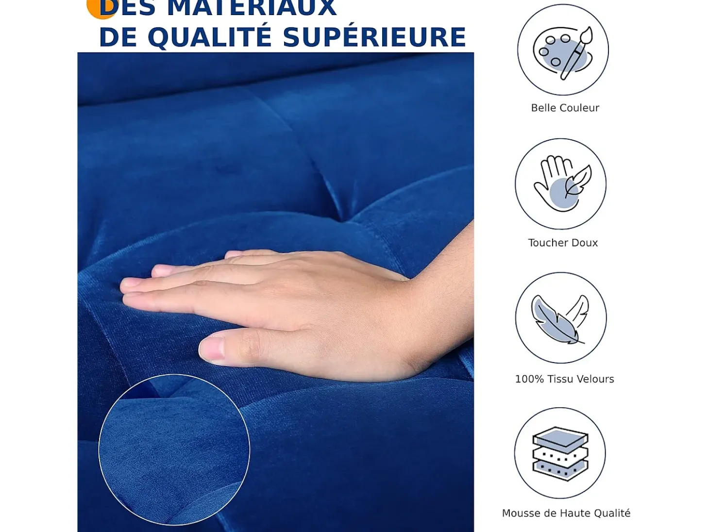 Sofá de veludo azul de 2 -Set, mini sofá de quarto com apoios de braços, pés de madeira cônica, sofá fixado um encosto de baixo