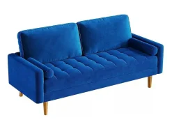 Sofá de veludo azul de 2 -Set, mini sofá de quarto com apoios de braços, pés de madeira cônica, sofá fixado um encosto de baixo
