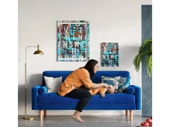 Sofá de veludo azul de 2 -Set, mini sofá de quarto com apoios de braços, pés de madeira cônica, sofá fixado um encosto de baixo