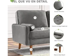 Sofá de veludo cinza de 2 - sofá de veludo cinza, mini sofá de quarto, com apoios de braços cônicos e pés, uma região lombar - 148,5x78x85cm