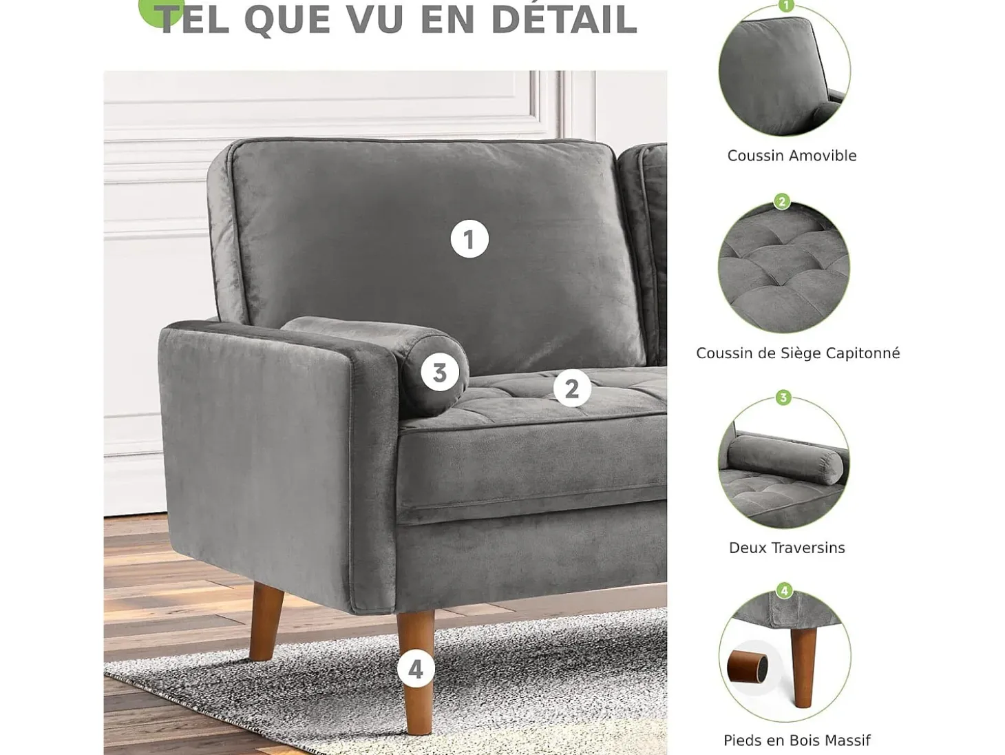 Sofá de veludo cinza de 2 - sofá de veludo cinza, mini sofá de quarto, com apoios de braços cônicos e pés, uma região lombar - 148,5x78x85cm