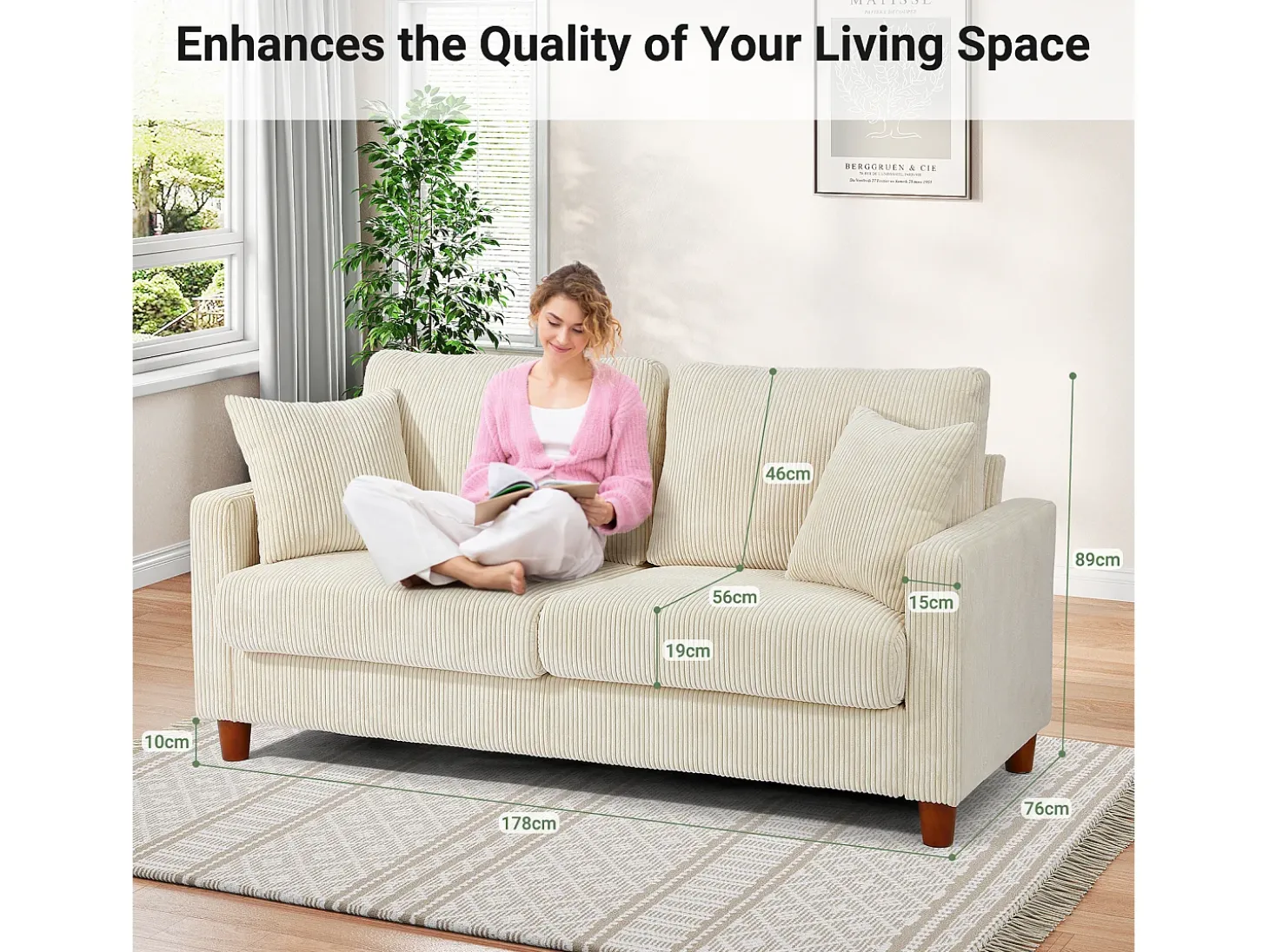 Sofá de veludo cotelê de 2 lugares, Sofá estofado moderno reto grande com assentos extra profundos 56cm - 2 almofadas - 178x76x89cm - Bege