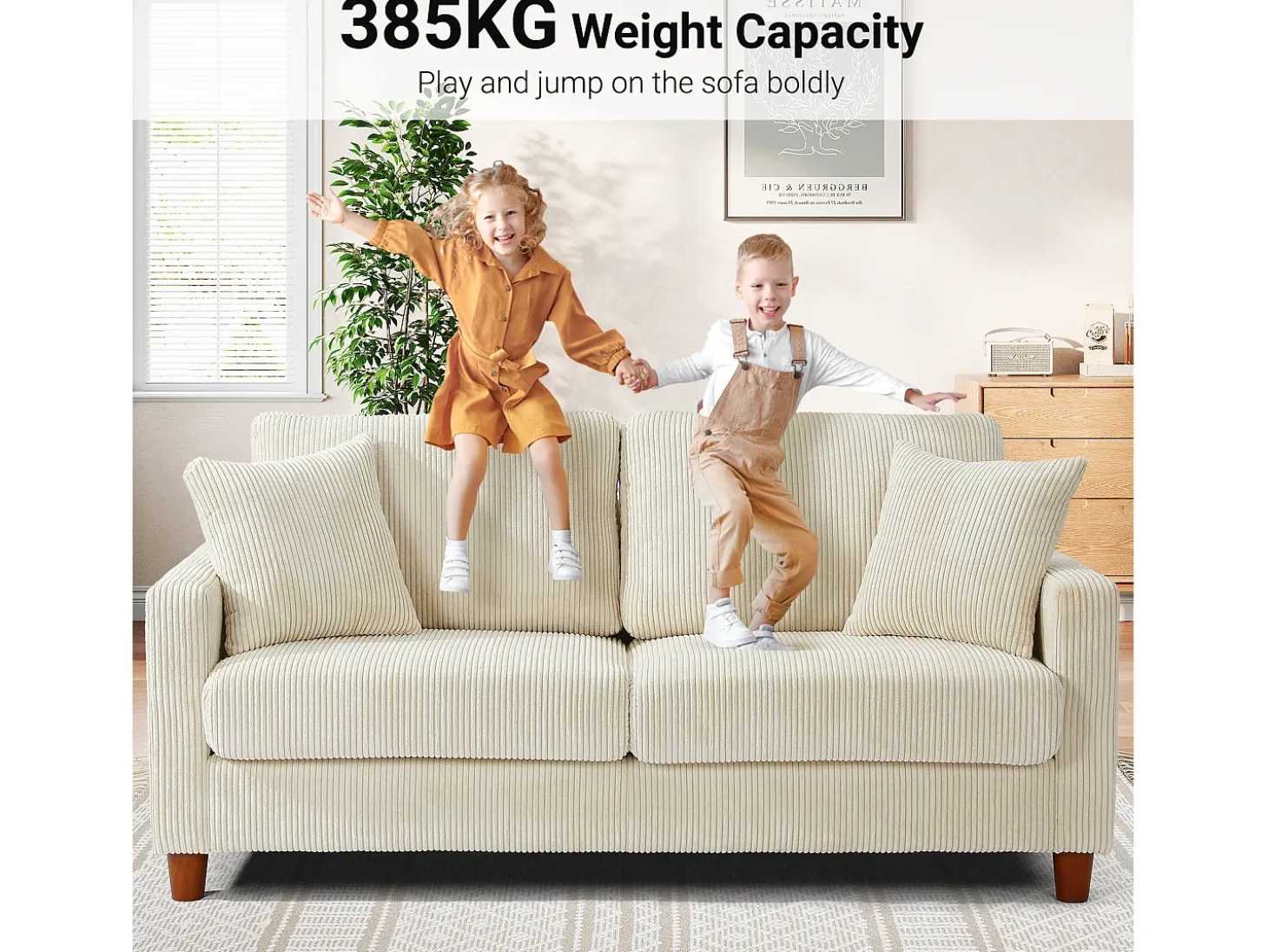 Sofá de veludo cotelê de 2 lugares, Sofá estofado moderno reto grande com assentos extra profundos 56cm - 2 almofadas - 178x76x89cm - Bege