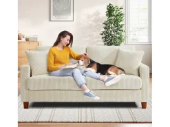 Sofá de veludo cotelê de 2 lugares, Sofá estofado moderno reto grande com assentos extra profundos 56cm - 2 almofadas - 178x76x89cm - Bege