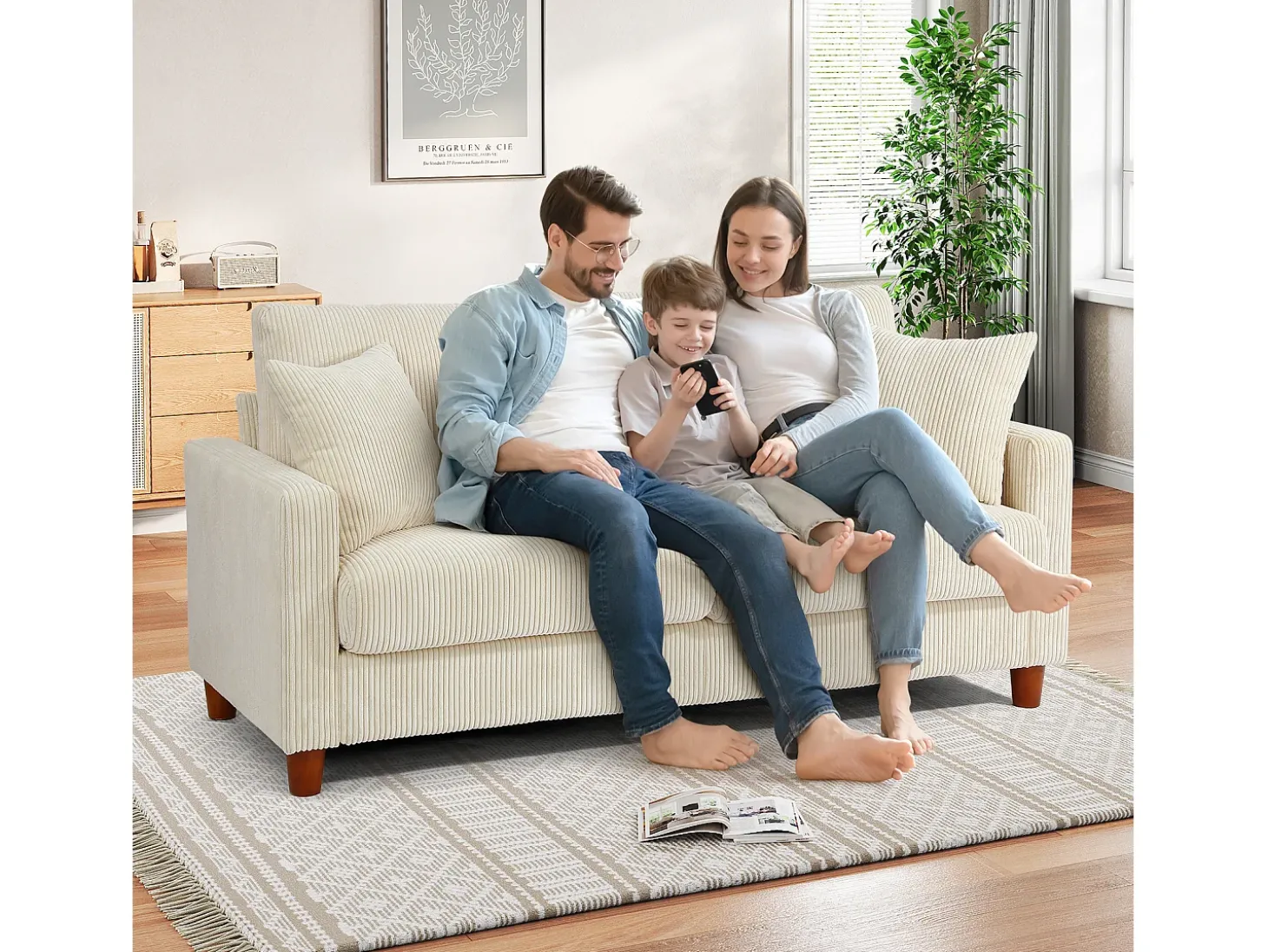 Sofá de veludo cotelê de 2 lugares, Sofá estofado moderno reto grande com assentos extra profundos 56cm - 2 almofadas - 178x76x89cm - Bege